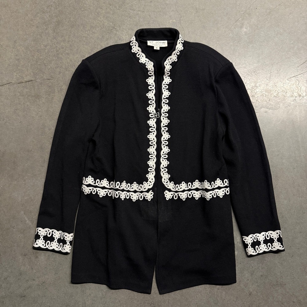 St John Collection Marie Gray Black White Soutache Knit Cardigan Jacket Size 16